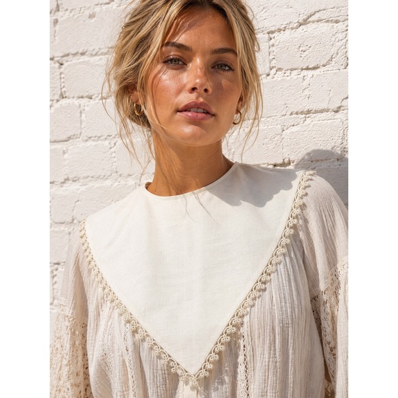 Accessories - Vintage Cream Linen Lace Detachable Bib Collar Victorian Edwardian Style OS